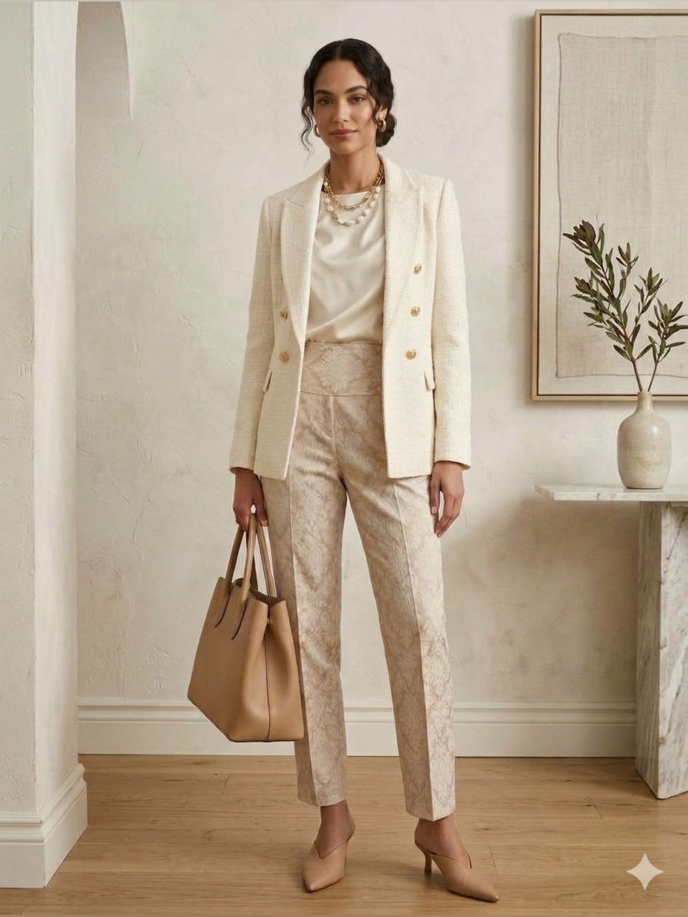 Elie Tahari Cream Floral-Pattern Straight Leg Pants
